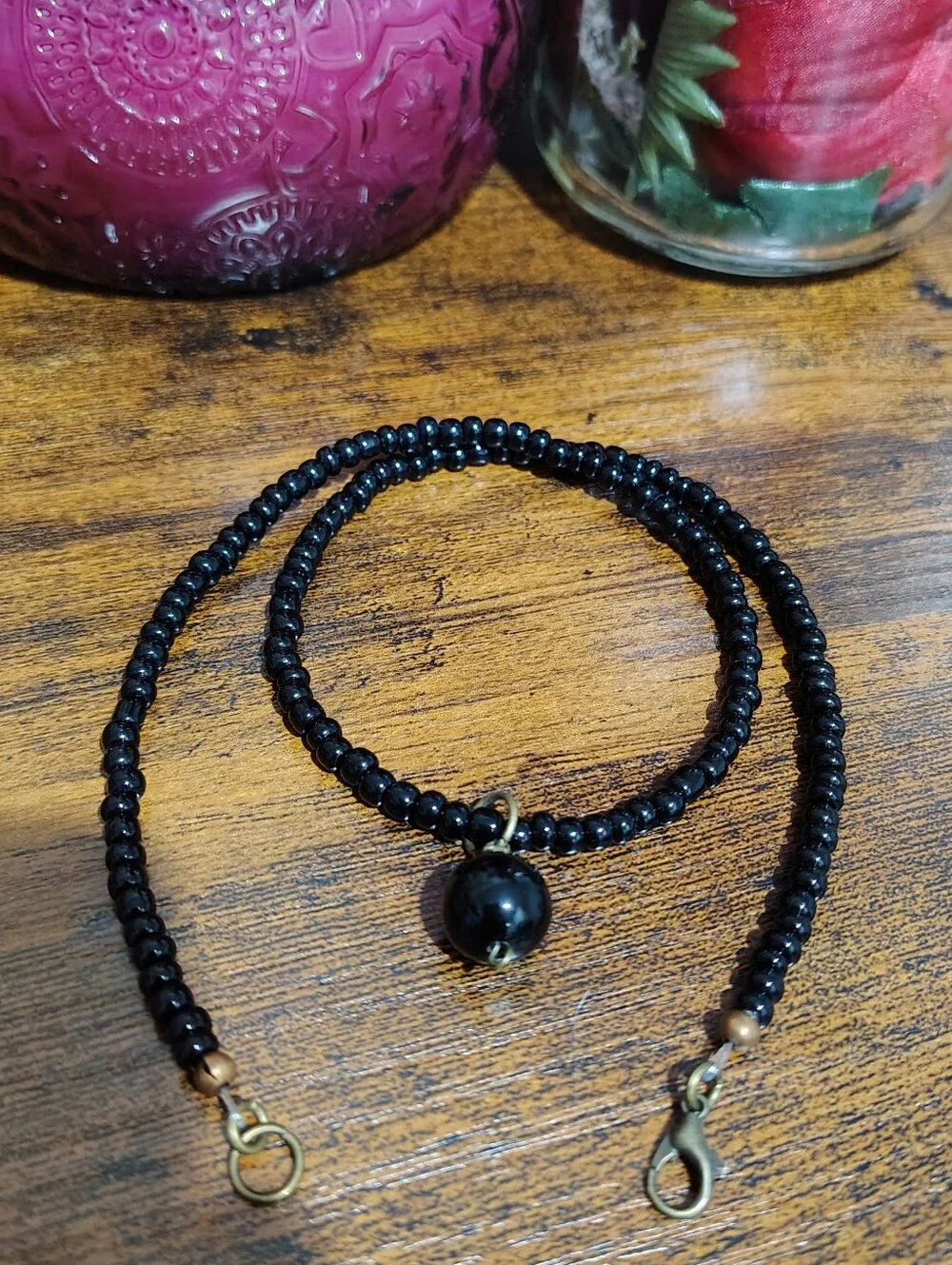 Black Beaded Men's Necklace with Pendant Accent Bead